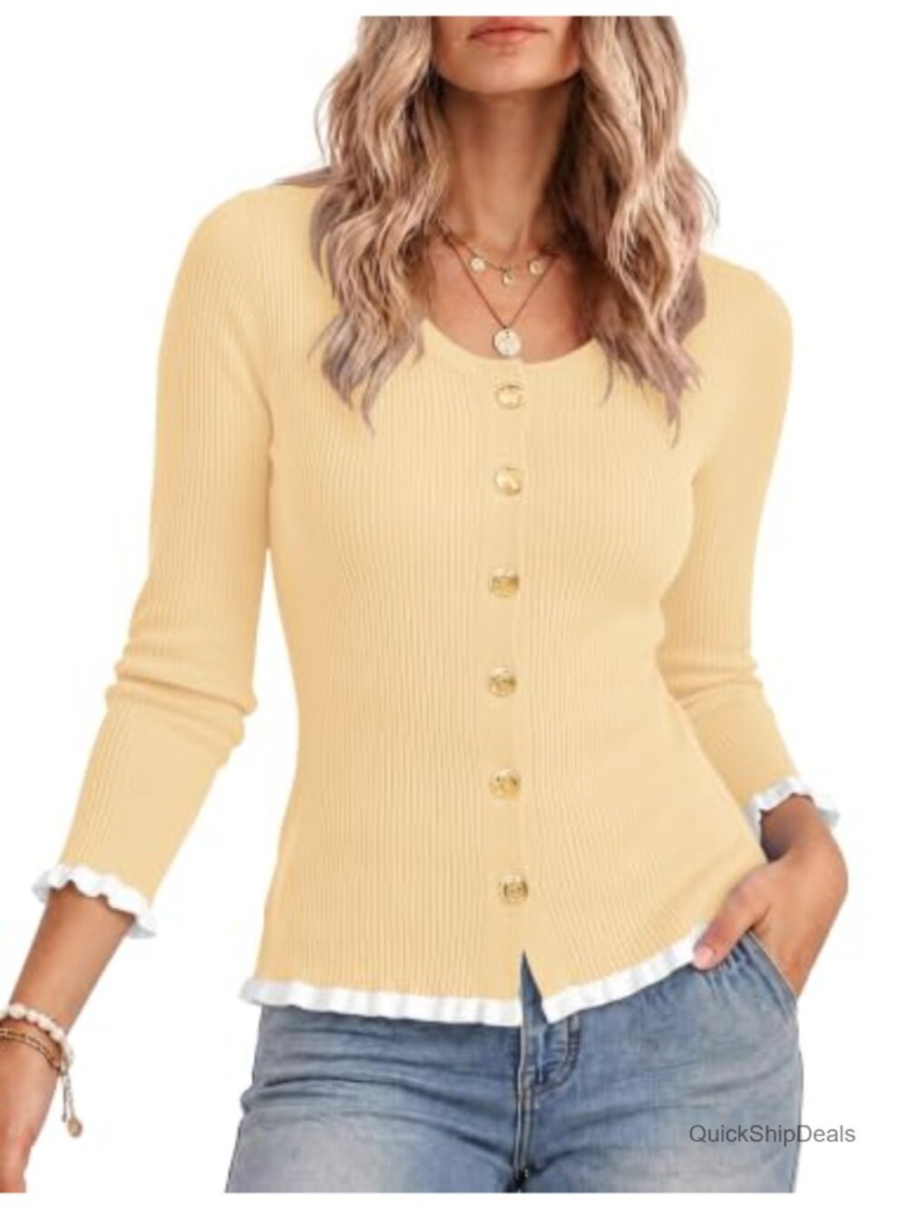 Ruffle Cardigan Sweater Lightweight Long Sleeve Button Women's